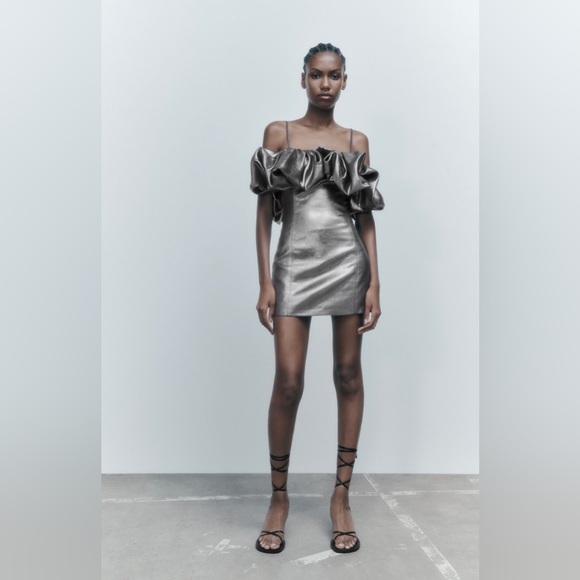 NWT Zara Voluminous Short Full Dress in Silver - Picture 3 of 10